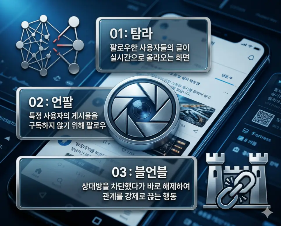 신조어 탐라, 언팔, 블언블 뜻의 정의와 게시물 흐름, 특정 사용자 구독 해제, 상호 팔로우 강제 해제의 핵심 내용을 정리한 영화 포스터 스타일 인포그래픽