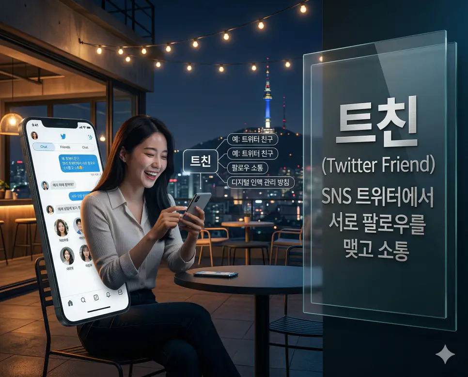 임보 뜻, 넷카마 뜻, 트친 뜻: 보호와 기만 그리고 인맥 완벽 정리 3 신조어 트친 뜻을 통해 SNS인 트위터(현 X)에서 서로 팔로우를 맺고 소통하는 한국의 디지털 인맥 문화를 사실적인 사진 스타일로 시각화한 이미지