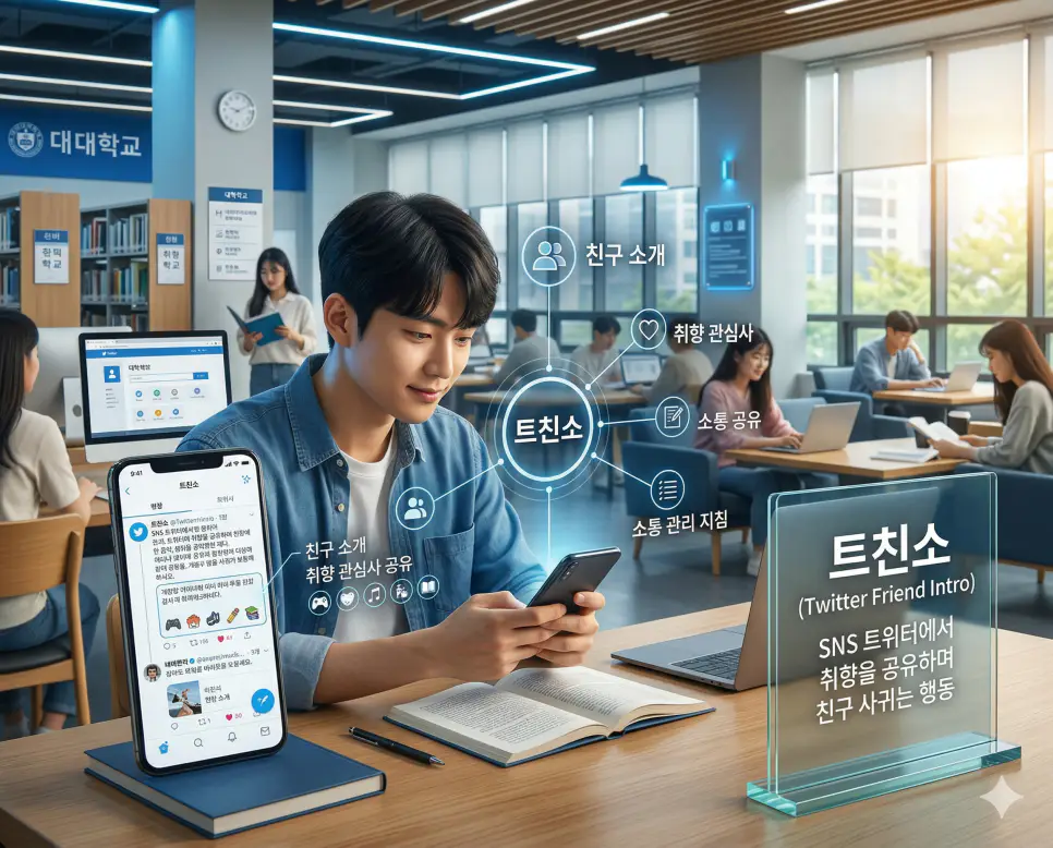 신조어 트친소 뜻을 통해 SNS 트위터(현 X)에서 자신의 취향을 공유하며 새로운 친구를 사귀기 위해 게시물을 올리는 한국의 디지털 소통 문화를 사실적인 사진 스타일로 시각화한 이미지