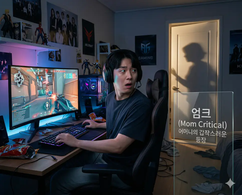 미라클 모닝 뜻, 엄크 뜻, 개취 뜻: 아침 루틴 관리와 개인 취향 존중의 모든 것! 2 신조어 엄크(Mom Critical) 상황을 묘사하여 게임이나 개인 활동 중 어머니의 갑작스러운 등장으로 당황하는 한국 청년의 방 안 풍경을 유머러스하게 시각화한 이미지