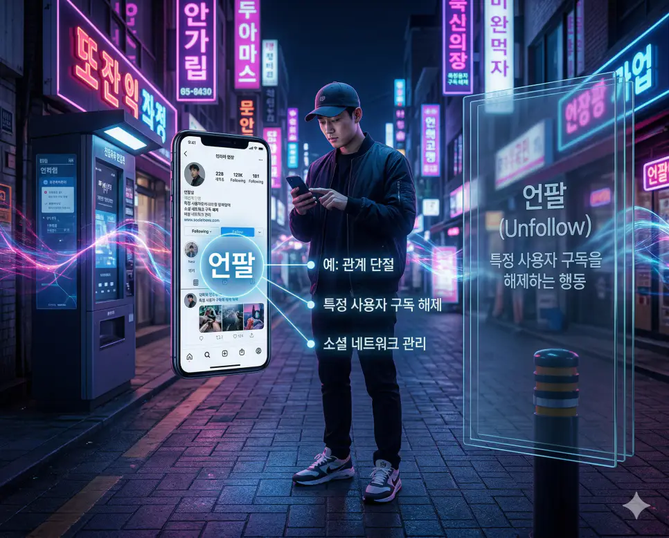 신조어 언팔 뜻을 통해 특정 사용자의 게시물을 더 이상 구독하지 않기 위해 팔로우 상태를 해제하는 한국의 소셜 네트워크 단절 문화를 사실적인 사진 스타일로 시각화한 이미지