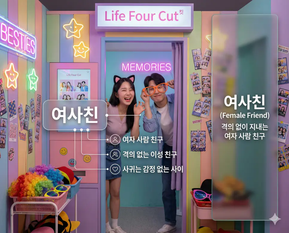 신조어 여사친(여자 사람 친구)을 통해 단순히 성별이 여자인 친구로서 격의 없이 지내는 한국의 편안한 인간관계를 시각화한 이미지 [cite: 72]