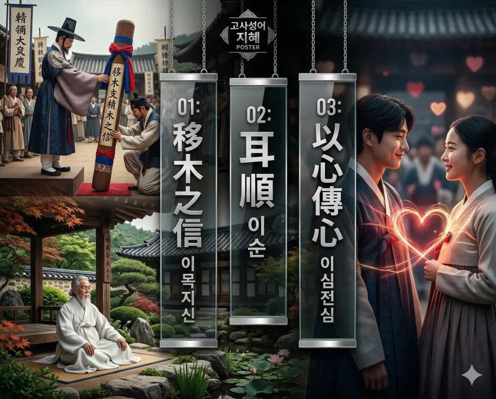 이목지신 뜻, 이순 뜻, 이심전심 뜻: 신뢰의 구축과 인생의 달관, 마음의 교감 지혜 정리 4 이목지신, 이순, 이심전심의 뜻과 핵심을 담은 세련된 영화 포스터 스타일의 FAQ 인포그래픽