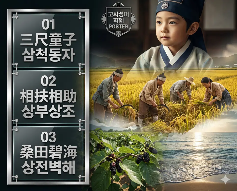 삼척동자 뜻, 상부상조 뜻, 상전벽해 뜻: 누구나 아는 진리와 상생의 미덕, 거대한 변화의 지혜 정리 4 삼척동자, 상부상조, 상전벽해의 뜻과 핵심을 담은 세련된 영화 포스터 스타일의 FAQ 인포그래픽