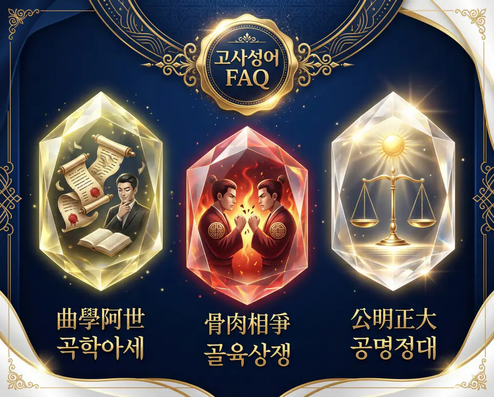 곡학아세 뜻, 골육상쟁 뜻, 공명정대 뜻: 왜곡된 진실과 비극을 넘어선 정의 4 곡학아세, 골육상쟁, 공명정대의 뜻과 지혜를 한눈에 정리한 독창적인 FAQ 인포그래픽