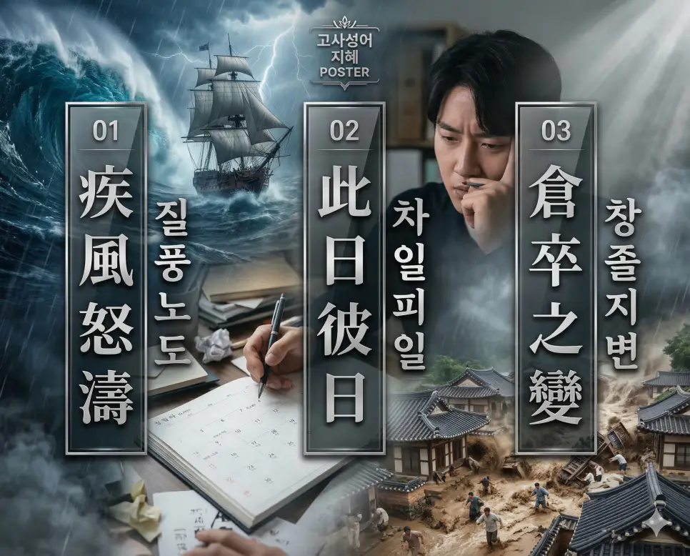 질풍노도 뜻, 차일피일 뜻, 창졸지변 뜻: 거친 시련과 미루는 습관, 갑작스러운 변화의 지혜 4 질풍노도, 차일피일, 창졸지변의 뜻과 핵심을 담은 세련된 영화 포스터 스타일의 고사성어 인포그래픽