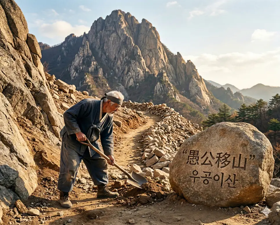 용호상박 뜻, 욕속부달 뜻, 우공이산 뜻: 막상막하의 기세와 인내의 지혜 정리 3 우공이산(愚公移山) 뜻 – 우공이 산을 옮긴다는 뜻으로 끈기 있게 노력하면 성공함을 의미하며, 거대한 산 앞에서 묵묵히 삽질하는 노인의 사실적 이미지