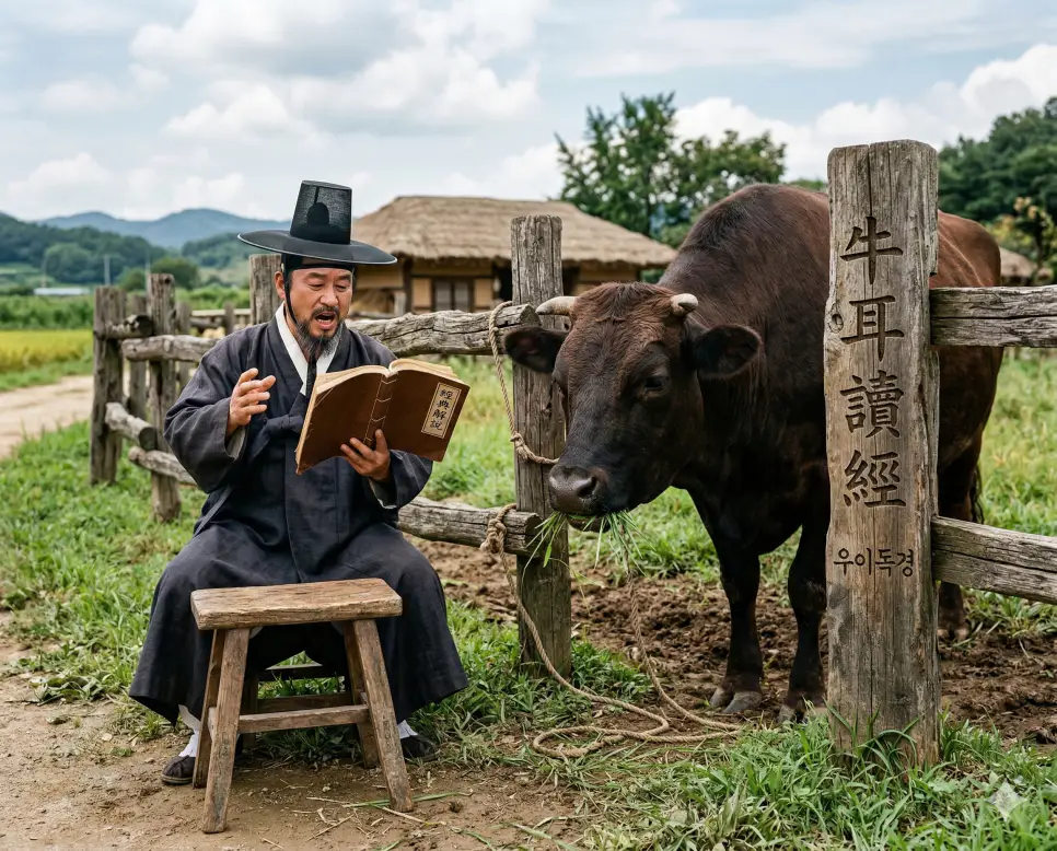 우이독경(牛耳讀經) 뜻 – 소 귀에 경 읽기라는 뜻으로 아무리 말해도 소용없음을 의미하며, 소 옆에서 책을 읽어주는 선비의 사실적 이미지