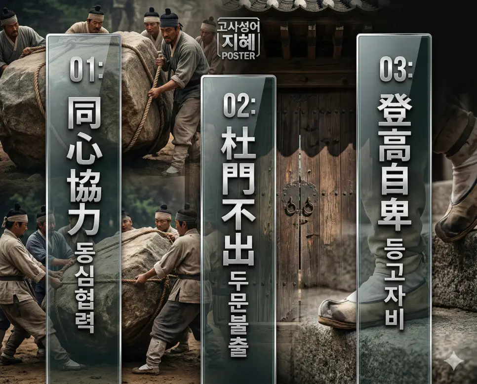 동심협력 뜻, 두문불출 뜻, 등고자비 뜻: 협력과 정진, 그리고 기초의 지혜 정리 4 동심협력, 두문불출, 등고자비의 뜻과 핵심을 배경 이미지와 함께 정리한 세련된 영화 포스터 스타일의 FAQ 인포그래픽