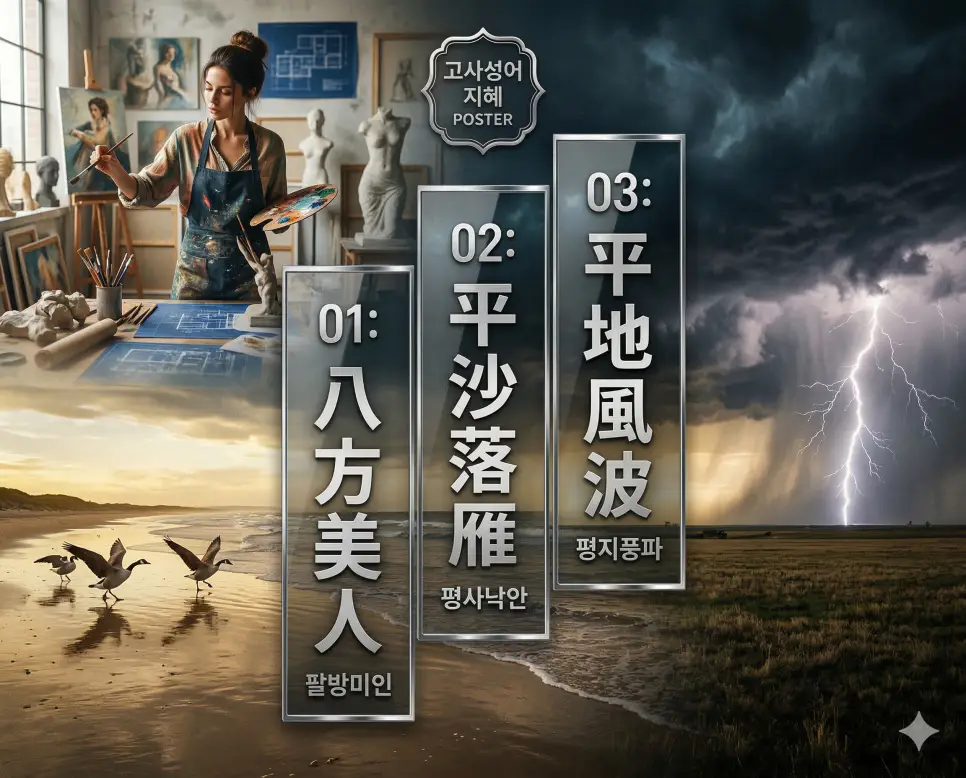 팔방미인, 평사낙안, 평지풍파의 뜻과 핵심을 담은 세련된 영화 포스터 스타일의 고사성어 인포그래픽