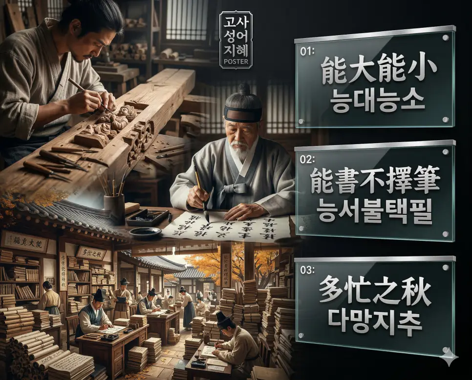 능대능소 뜻, 능서불택필 뜻, 다망지추 뜻: 팔방미인의 지혜와 명필의 자신감, 몹시 바쁜 시기의 정리 4 능대능소, 능서불택필, 다망지추의 뜻과 핵심 지혜를 담은 세련된 영화 포스터 스타일의 고사성어 인포그래픽