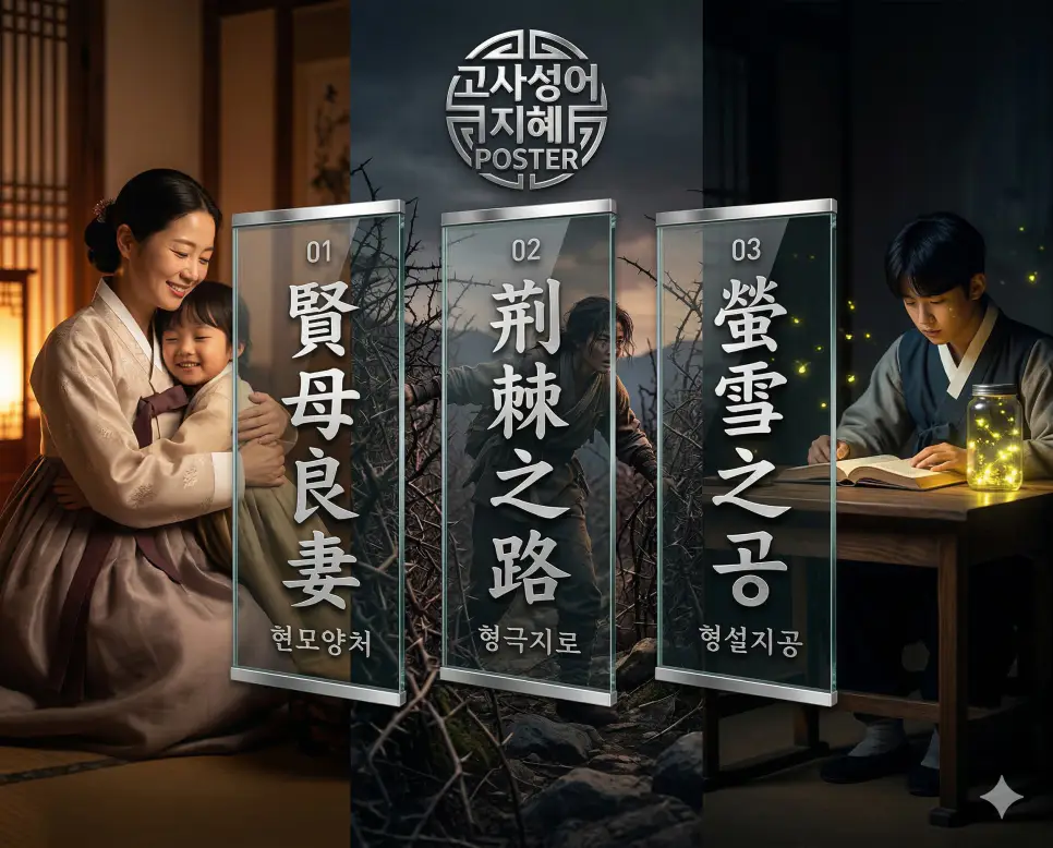 현모양처 뜻, 형극지로 뜻, 형설지공 뜻: 지혜로운 어머니와 가시밭길의 시련, 끈기 있는 노력의 결실 4 현모양처, 형극지로, 형설지공의 뜻과 핵심을 담은 세련된 영화 포스터 스타일의 고사성어 인포그래픽
