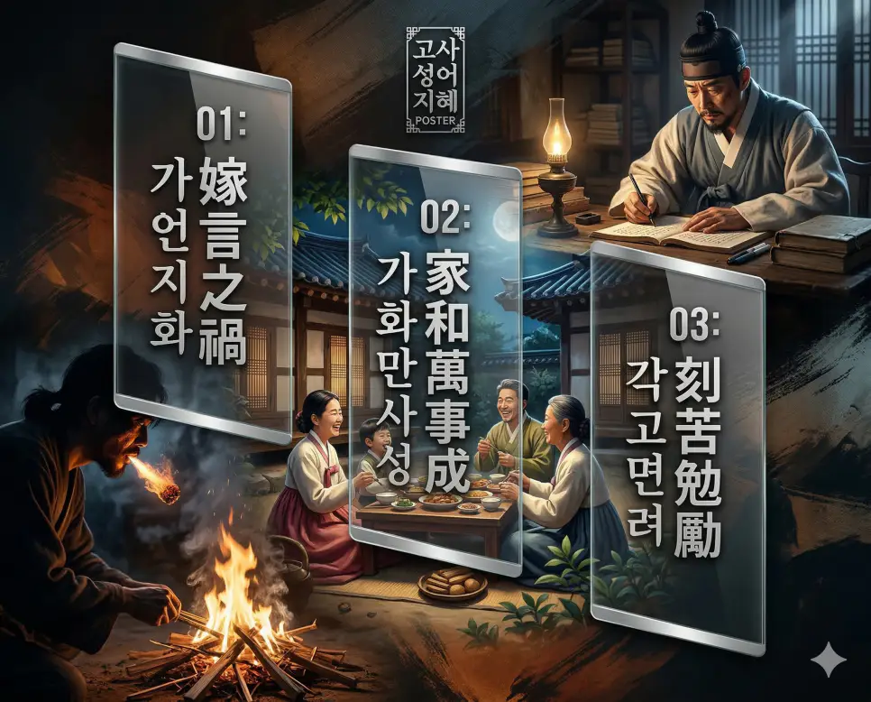 불언지화 뜻, 가화만사성 뜻, 각고면려 뜻: 말 없는 감화와 화목한 가정, 뼈를 깎는 노력의 지혜 정리 4 불언지화, 가화만사성, 각고면려의 뜻과 깊은 지혜를 담은 세련된 영화 포스터 스타일의 고사성어 인포그래픽