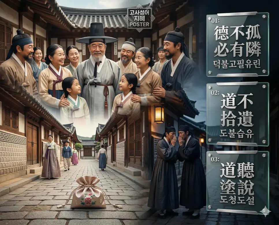 덕불고필유린, 도불습유, 도청도설의 뜻과 핵심 지혜를 담은 세련된 영화 포스터 스타일의 고사성어 인포그래픽