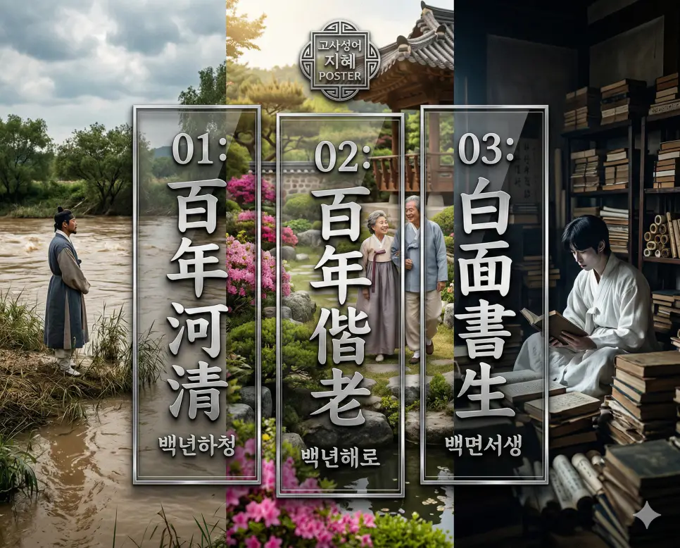 백년하청 뜻, 백년해로 뜻, 백면서생 뜻: 기다림의 한계와 평생의 동행, 실전 지혜 정리 4 백년하청, 백년해로, 백면서생의 뜻과 핵심을 담은 세련된 영화 포스터 스타일의 FAQ 인포그래픽