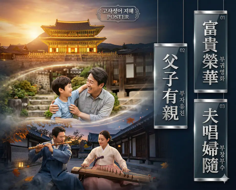 부귀영화 뜻, 부자유친 뜻, 부창부수 뜻: 풍요로운 삶과 가족의 사랑, 부부 화합의 지혜 정리 4 wealth family harmony premium faq poster