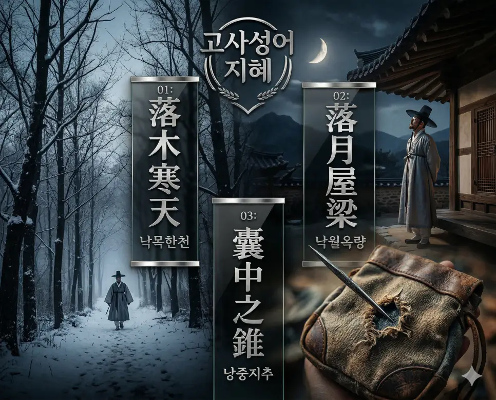 낙목한천, 낙월옥량, 낭중지추의 뜻과 핵심을 담은 세련된 영화 포스터 스타일의 고사성어 인포그래픽