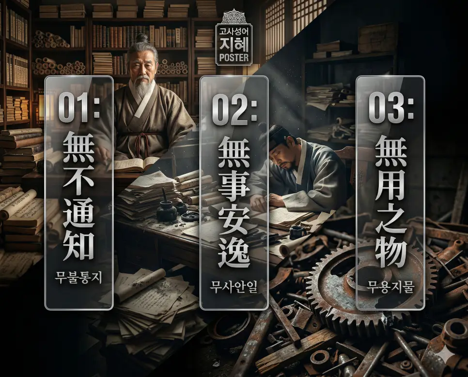 무불통지, 무사안일, 무용지물의 뜻과 핵심을 담은 세련된 영화 포스터 스타일의 FAQ 인포그래픽