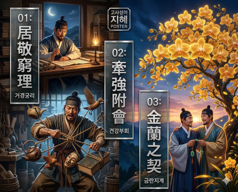 거경궁리 뜻, 견강부회 뜻, 금란지계 뜻: 학문의 근본과 억지 주장, 변치 않는 우정의 지혜 정리 4 거경궁리, 견강부회, 금란지계의 뜻과 핵심을 담은 세련된 영화 포스터 스타일의 고사성어 인포그래픽