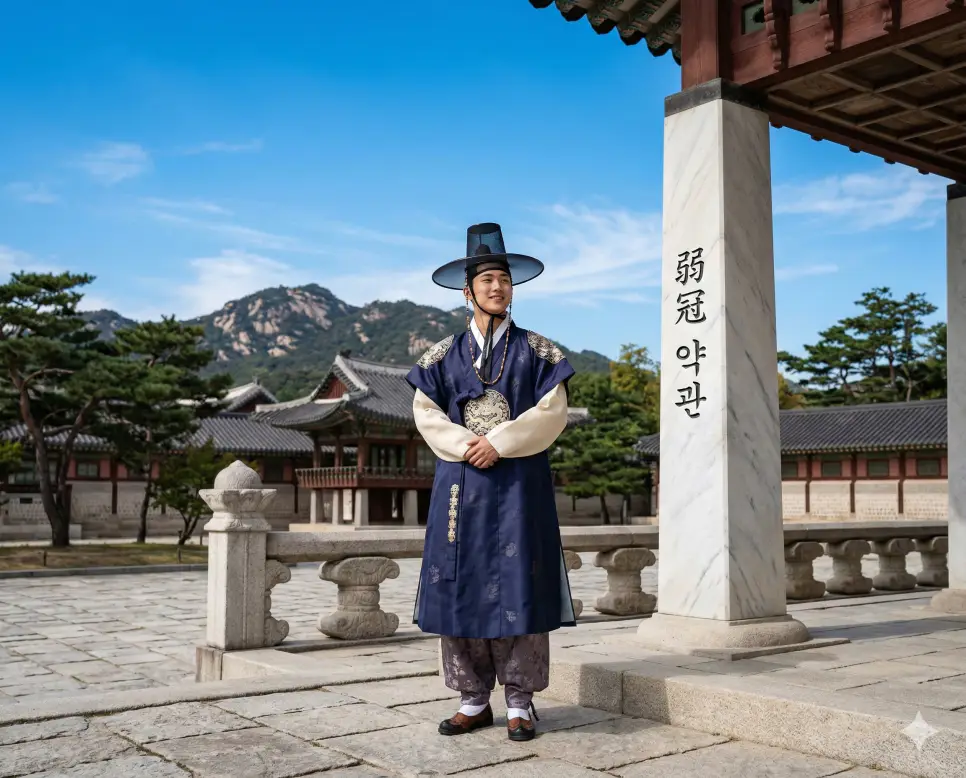 약관(弱冠) 뜻 – 스무 살 전후의 젊은 나이를 의미하며, 푸른 하늘 아래 갓을 쓰고 당당하게 서 있는 청년의 사실적인 이미지