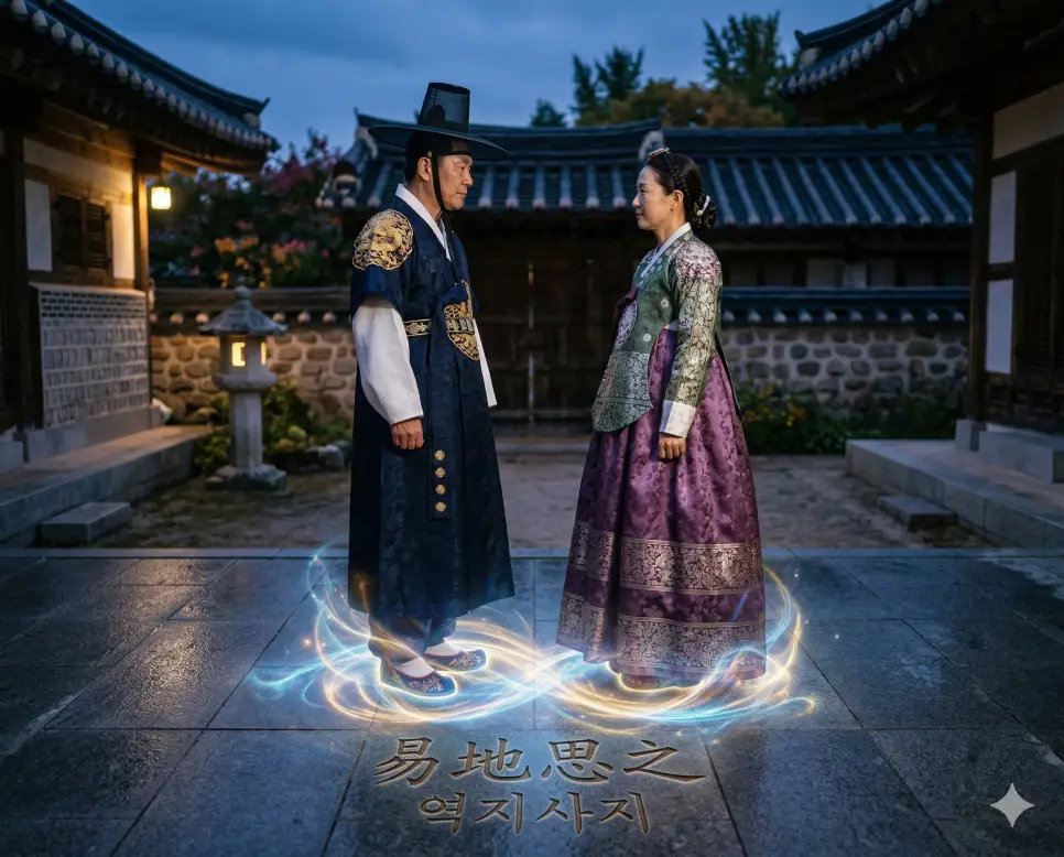 여민동락 뜻, 여반장 뜻, 역지사지 뜻: 함께 나누는 즐거움과 쉬운 실천, 배려의 지혜 정리 3 역지사지(易地思之) 뜻 – 처지를 바꾸어 생각함을 의미하며, 상대방의 그림자나 위치에 서서 서로를 깊이 이해하려는 두 인물의 사실적 이미지