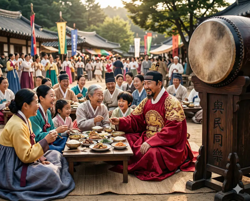 여민동락 뜻, 여반장 뜻, 역지사지 뜻: 함께 나누는 즐거움과 쉬운 실천, 배려의 지혜 정리 1 여민동락(與民同樂) 뜻 – 백성과 즐거움을 함께함을 의미하며, 마을 광장에서 백성들과 어우러져 기뻐하는 어진 왕의 사실적 이미지