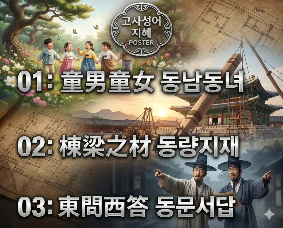 동남동녀, 동량지재, 동문서답의 뜻과 핵심을 배경 이미지와 함께 정리한 세련된 영화 포스터 스타일의 FAQ 인포그래픽