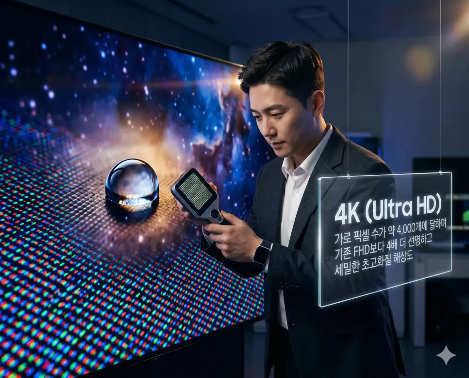 주사율 뜻, HDR 뜻, 4K 뜻: 화면 부드러움과 밝기 깊이 및 초고화질 해상도 확인 3 4K 뜻을 정의하기 위해 한국인 엔지니어가 가로 픽셀 수 약 4,000개의 압도적인 선명함을 자랑하는 초고화질 해상도 화면을 점검하는 프리미엄 실사 이미지
