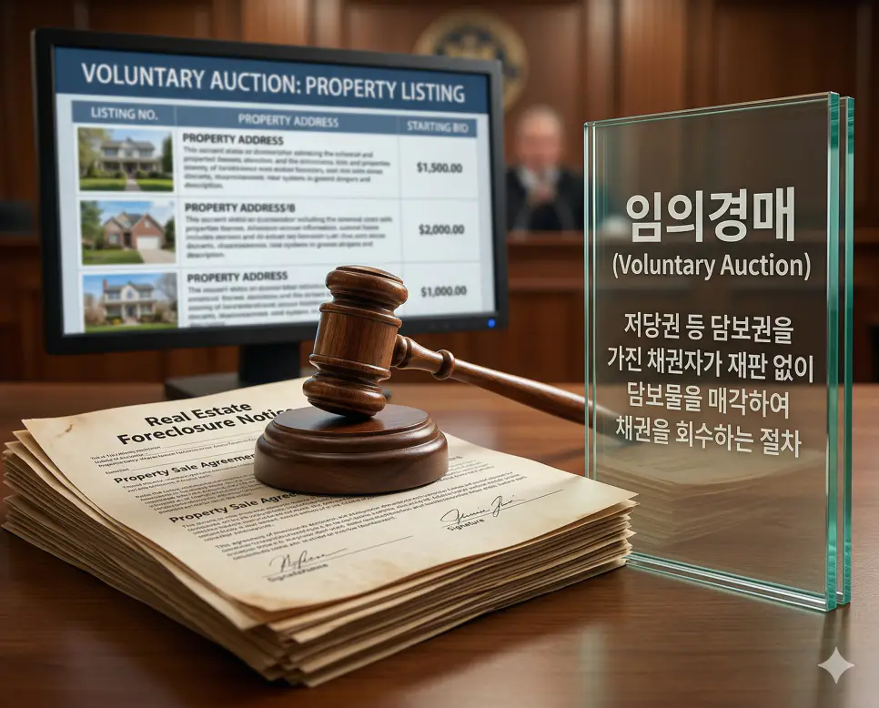 임의경매 뜻을 상징하기 위해 저당권 등 담보권 실행을 위해 경매 절차에 들어간 부동산 서류와 법원 경매를 상징하는 도구를 담은 실사 촬영 이미지