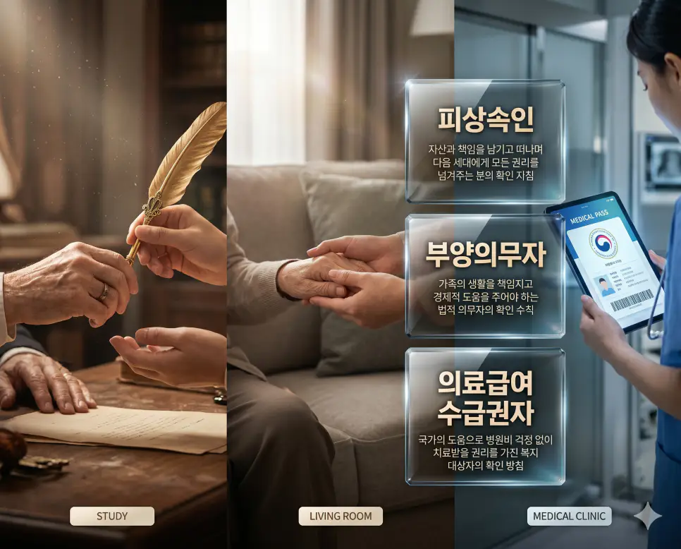 피상속인 뜻, 부양의무자 뜻, 의료급여 수급권자 뜻 정리: 상속과 복지 자격 확인 4 피상속인, 부양의무자, 의료급여 수급권자 키워드 정의와 각각의 자산 승계 및 사회 복지 상황을 사실적인 배경 위에 유리 패널로 정리한 고품격 실사 인포그래픽