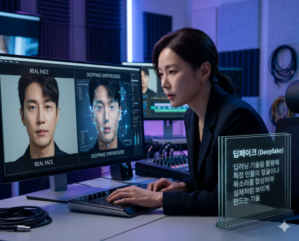 블록체인 뜻, 딥페이크 뜻, 사이버보안 뜻 정리: 디지털 신뢰와 보안 기술 확인 2 딥페이크 뜻을 시각화하기 위해 한국인 여성 편집자가 딥러닝 인공지능을 활용해 실제와 구분하기 힘든 정교한 얼굴 합성 영상을 작업하는 실사 이미지