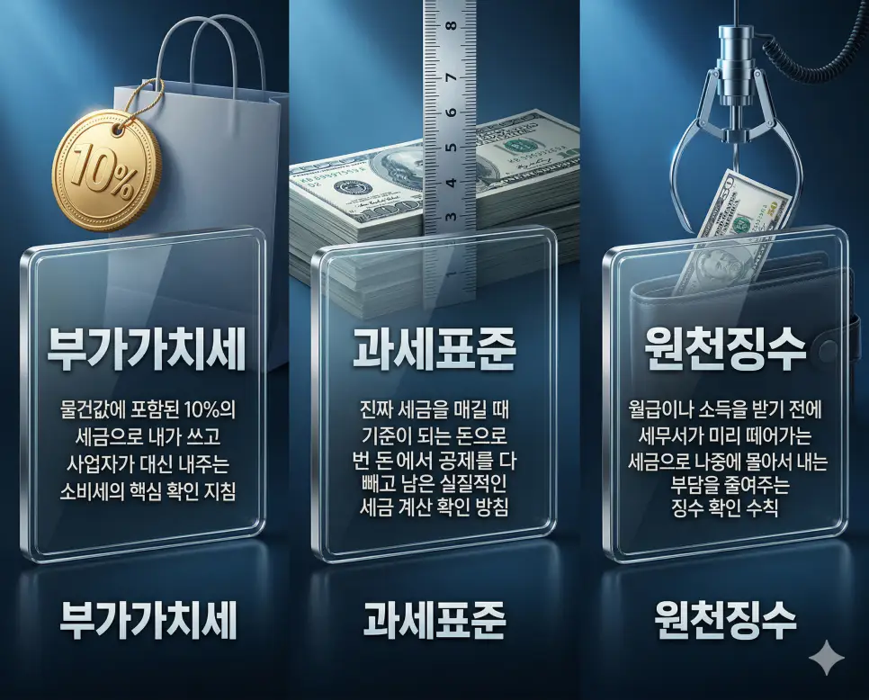 부가가치세 뜻, 과세표준 뜻, 원천징수 뜻: 소비의 세금과 계산 기준 및 선납 제도 정리 4 부가가치세, 과세표준, 원천징수 뜻의 정의와 핵심 상징 아이콘을 세 개의 유리 패널에 정리한 고품격 인포그래픽 실사 이미지