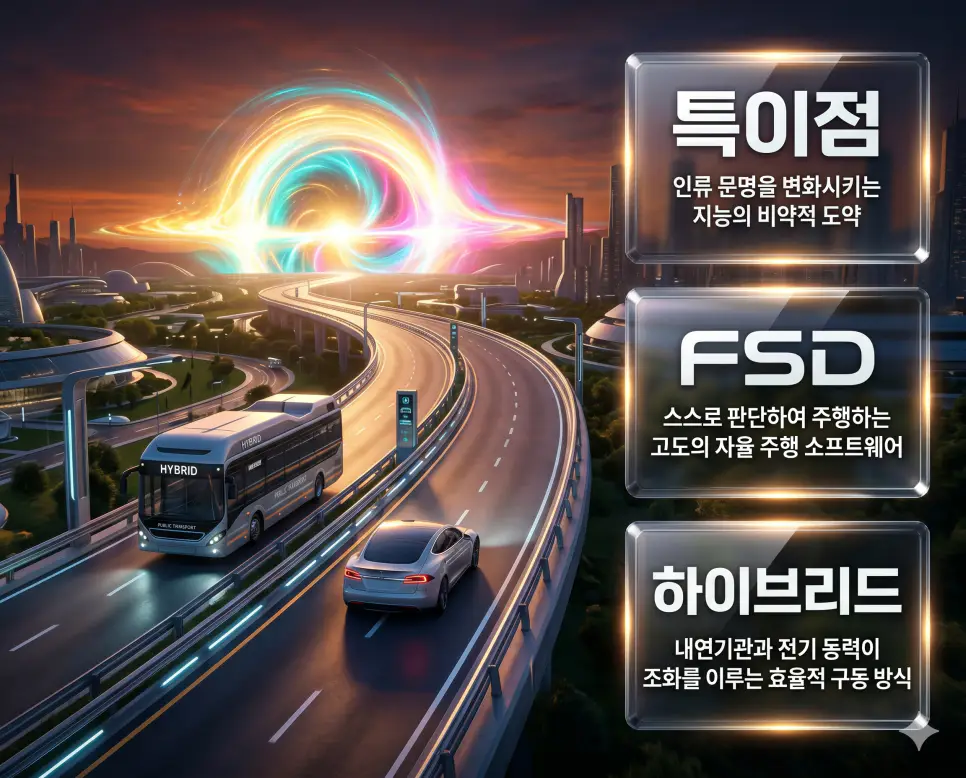 특이점 뜻, 테슬라 FSD 뜻, 하이브리드 뜻 정리: 미래 기술과 자율 주행 확인 4 한국인 전문가들과 함께 특이점, 테슬라 FSD, 하이브리드의 기술적 가치를 분석하여 인류 지능의 도약과 차세대 모빌리티의 미래를 진단하는 프리미엄 포스터 이미지
