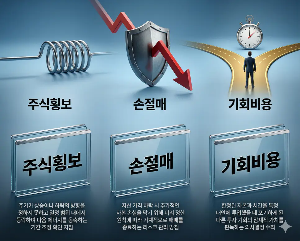 주식횡보 뜻, 손절매 뜻, 기회비용 뜻: 시세 응축과 자본 사수 및 자원 효율 정리 4 주식횡보, 손절매, 기회비용 뜻의 정의와 핵심 아이콘을 세 개의 유리 패널에 정리한 고품격 인포그래픽 실사 이미지