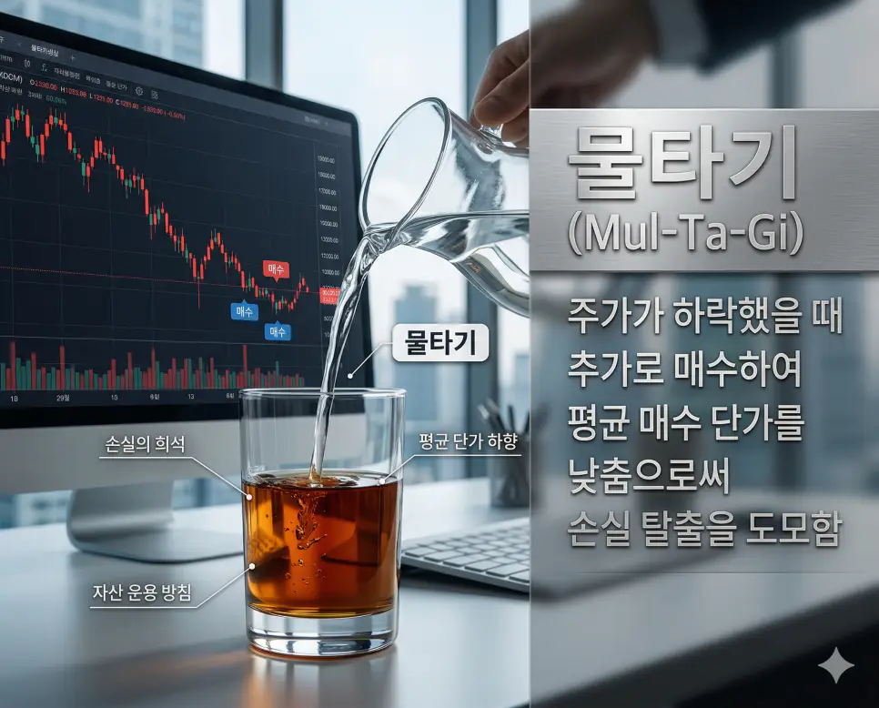 뇌동매매 뜻, 스윙 뜻, 물타기 뜻: 주관의 결여와 파동의 향유 및 손실의 희석 정리 3 주가 하락 시 추가 매수로 평균 단가를 낮춰 손실을 희석하는 물타기 개념을 설명하는 실사 이미지