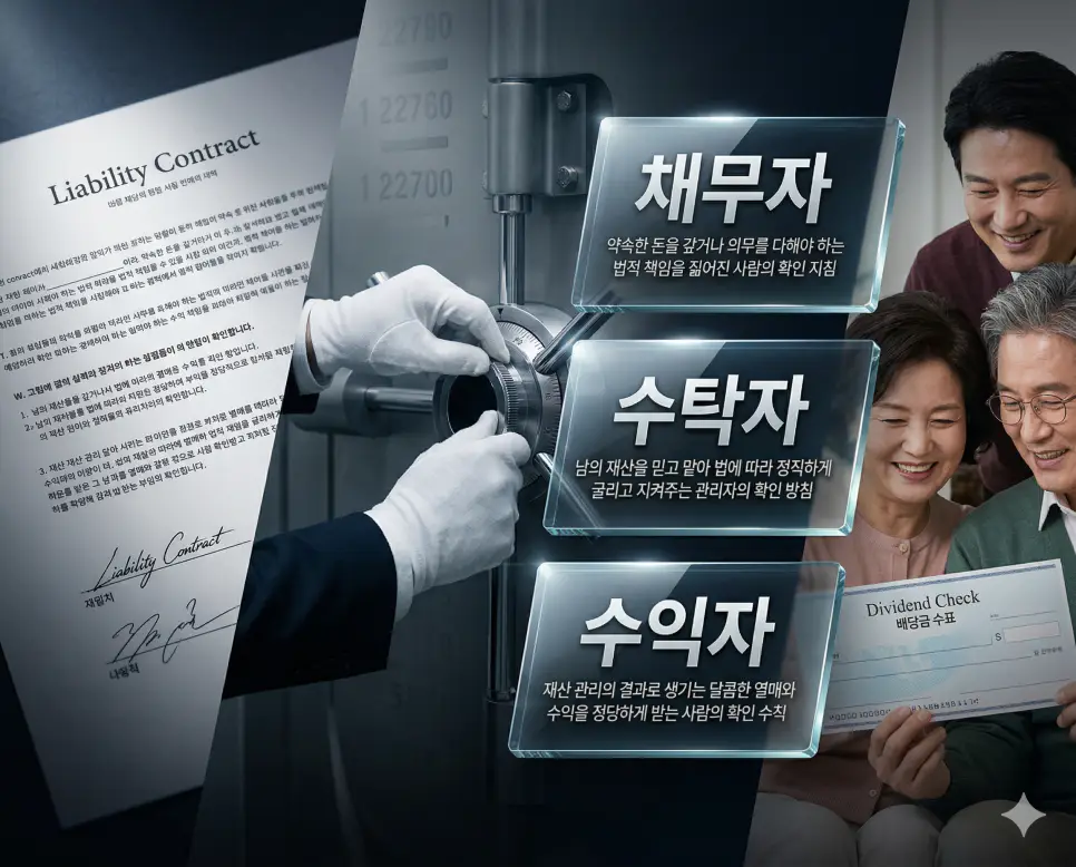 채무자 뜻, 수탁자 뜻, 수익자 뜻 정리: 법적 의무와 신탁 자산 관리 주체 확인 4 채무자, 수탁자, 수익자 키워드 정의와 각각의 법적 의무 및 신탁 자산 관리 상황을 사실적인 배경 위에 유리 패널로 정리한 고품격 실사 인포그래픽