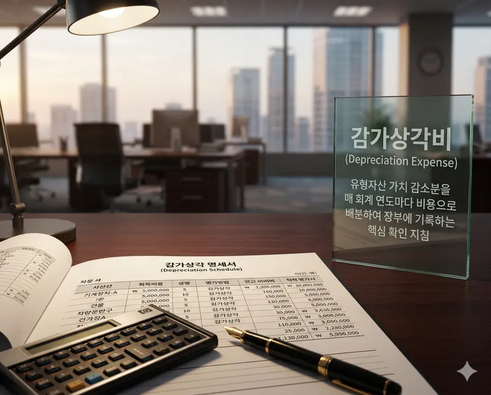 감가상각비 뜻, 잔존가치 뜻, 내용연수 뜻 정리: 자산 수명과 회계적 가치 배분 확인 1 감가상각비 뜻을 설명하기 위해 유형자산 가치 감소분을 매 회계 연도마다 비용으로 배분하여 장부에 기록하는 과정을 담은 전문적인 회계 명세서 실사 이미지