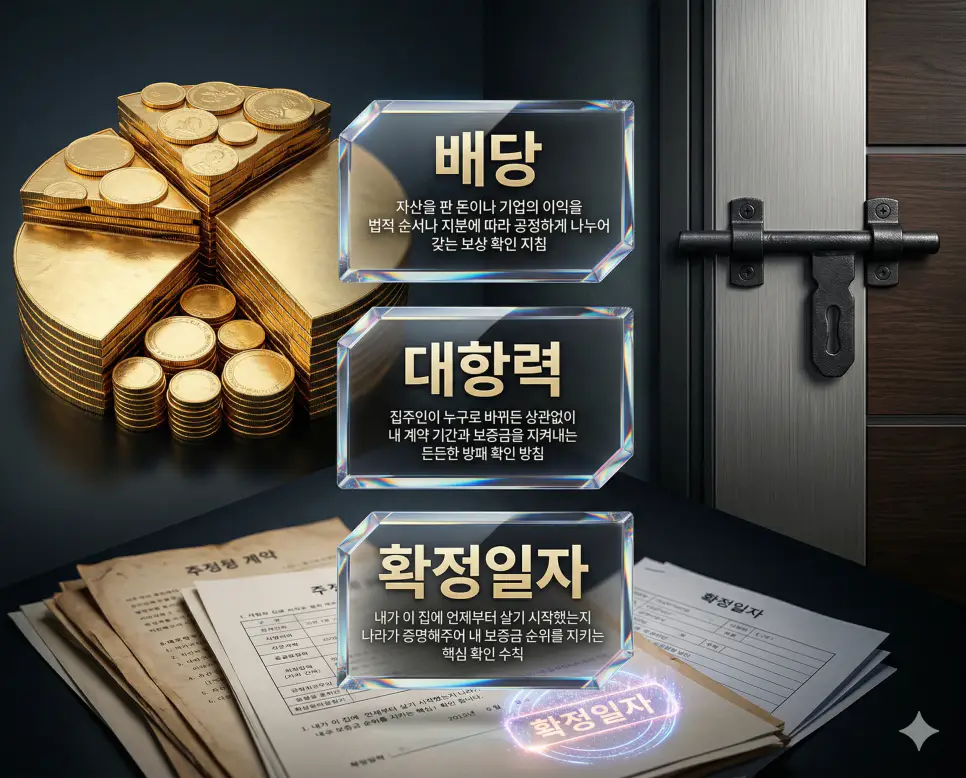 배당 뜻, 대항력 뜻, 확정일자 뜻 정리: 몫의 나눔과 임차인 방패 및 순위 증명 확인 4 배당, 대항력, 확정일자 키워드 정의와 각각의 자금 배분 및 임차인 권리 보호 상황을 사실적인 배경 위에 유리 패널로 정리한 고품격 실사 인포그래픽