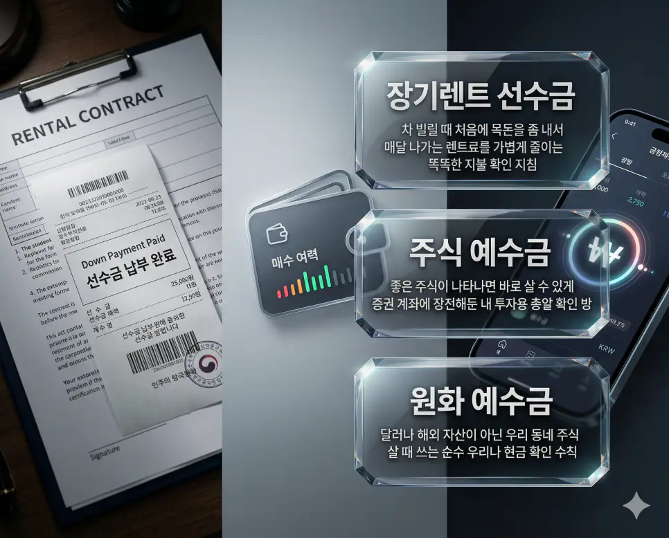 장기렌트 선수금 뜻, 주식 예수금 뜻, 원화 예수금 뜻 정리: 렌트료 절감과 매수 대기 자금 확인 4 장기렌트 선수금, 주식 예수금, 원화 예수금 키워드 정의와 각각의 자금 선납 및 투자 대기 상황을 사실적인 배경 위에 유리 패널로 정리한 고품격 실사 인포그래픽