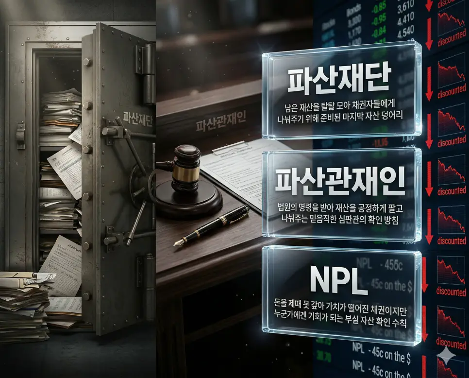 파산재단 뜻, 파산관재인 뜻, NPL 뜻 정리: 부실 채권과 자산 처분 절차 확인 4 파산재단, 파산관재인, NPL 키워드 정의와 각각의 자산 정리 및 부실 채권 관리 상황을 사실적인 배경 위에 유리 패널로 정리한 고품격 실사 인포그래픽