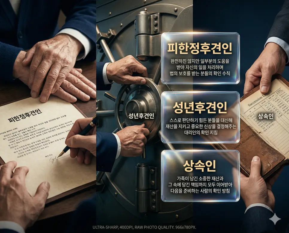 피한정후견인, 성년후견인, 상속인 키워드 정의와 각각의 법적 보호 및 자산 승계 상황을 사실적인 배경 위에 유리 패널로 정리한 고품격 실사 인포그래픽