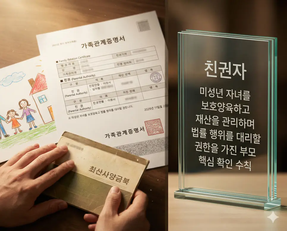 수유자 뜻, 후견인 뜻, 친권자 뜻 정리: 유언 수혜와 법적 보호자 권한 확인 3 친권자 뜻을 상징하기 위해 미성년 자녀를 보호하고 양육하며 자녀의 재산을 관리하고 법률 행위를 대리할 권한을 가진 부모의 확인 서류 실사 이미지