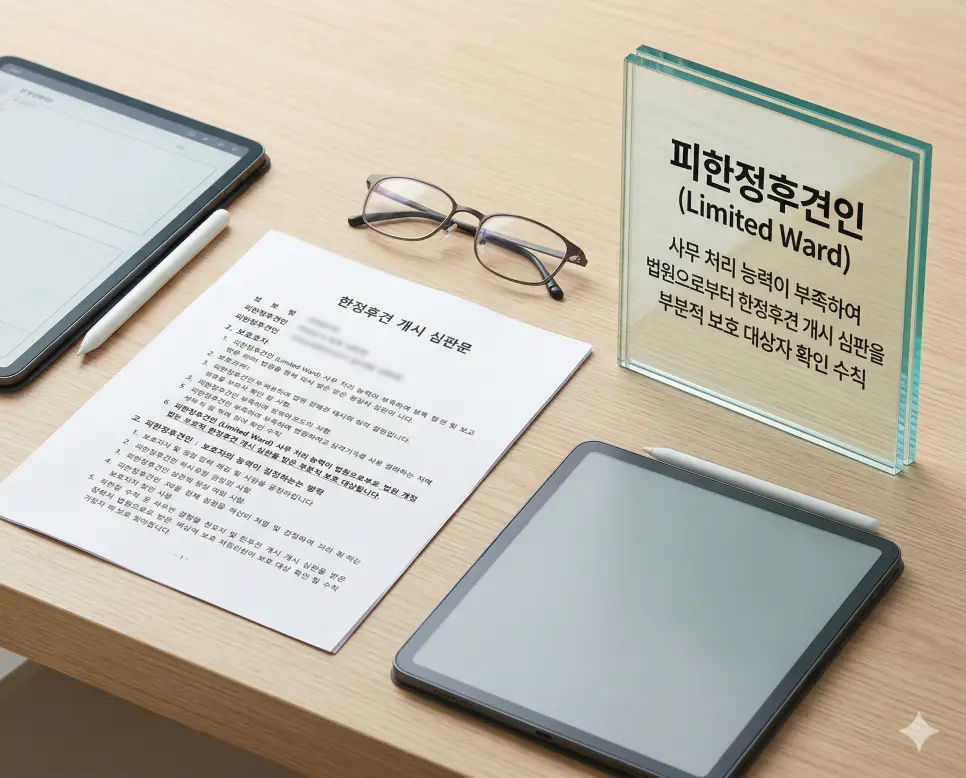 피한정후견인 뜻을 설명하기 위해 질병이나 노령으로 부족한 사무 처리 능력을 법원이 한정후견 심판을 통해 지원하는 법적 서류와 돋보기의 실사 이미지