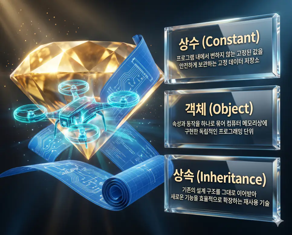 한국인 전문가들과 함께 상수, 객체, 상속의 관계를 분석하여 객체지향 프로그래밍의 핵심 원리와 효율적인 코드 설계 방식을 진단하는 역대급 비주얼 포스터 이미지