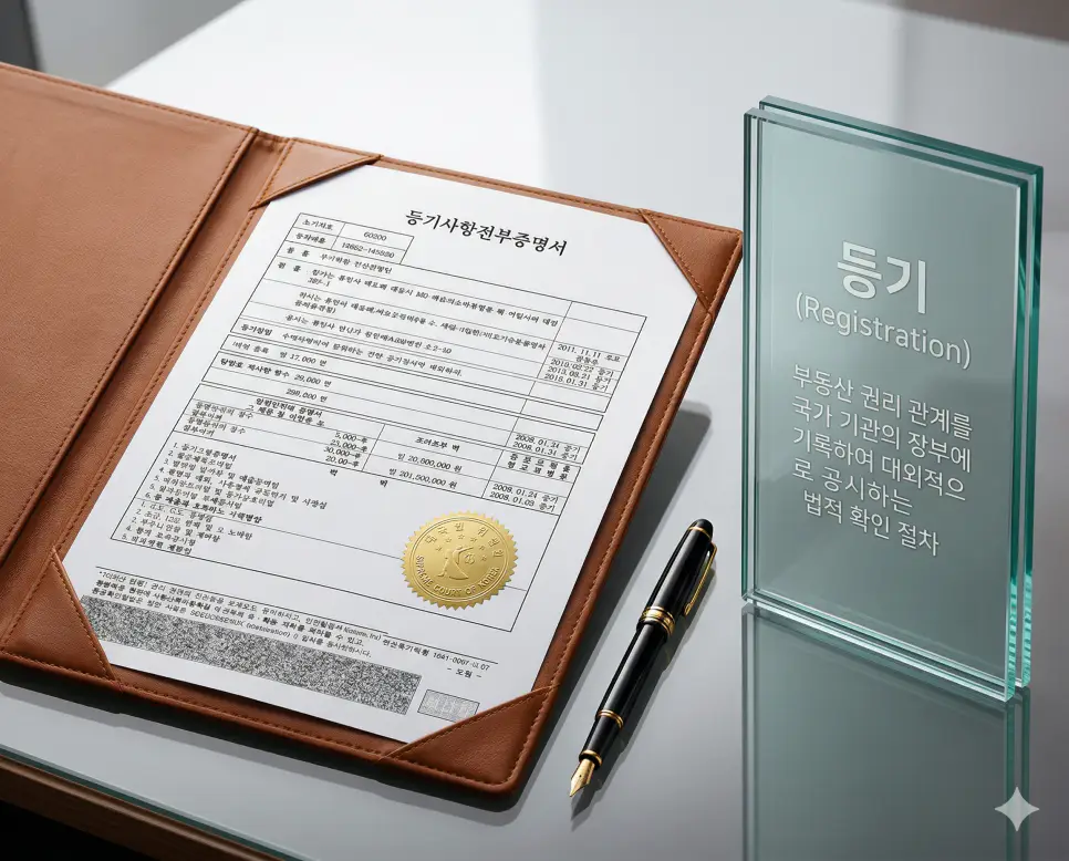 등기 뜻을 시각화하기 위해 국가 기관의 장부에 부동산의 표시와 소유권 등 권리 관계를 공식 기록하여 대외적으로 증명하는 문서 실사 이미지