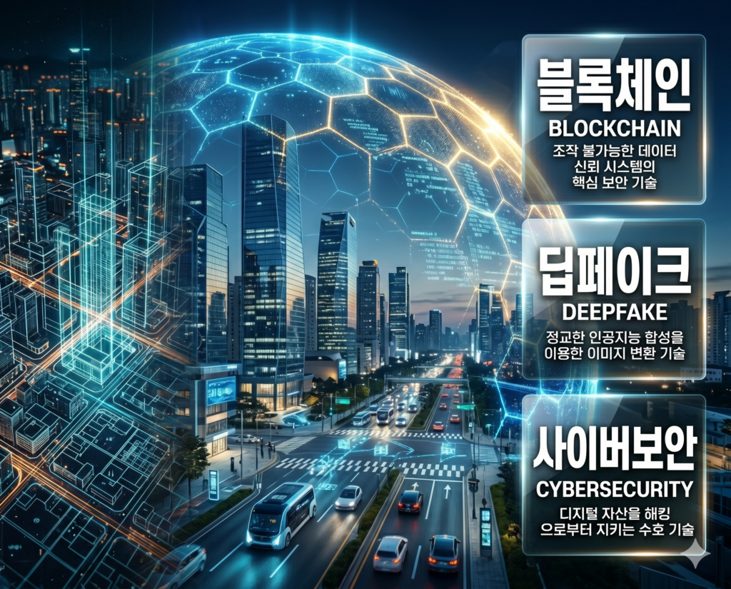 블록체인 뜻, 딥페이크 뜻, 사이버보안 뜻 정리: 디지털 신뢰와 보안 기술 확인 4 한국인 전문가들과 함께 블록체인, 딥페이크, 사이버보안의 기술적 특징을 분석하여 디지털 신뢰와 방어 체계를 진단하는 프리미엄 포스터 이미지