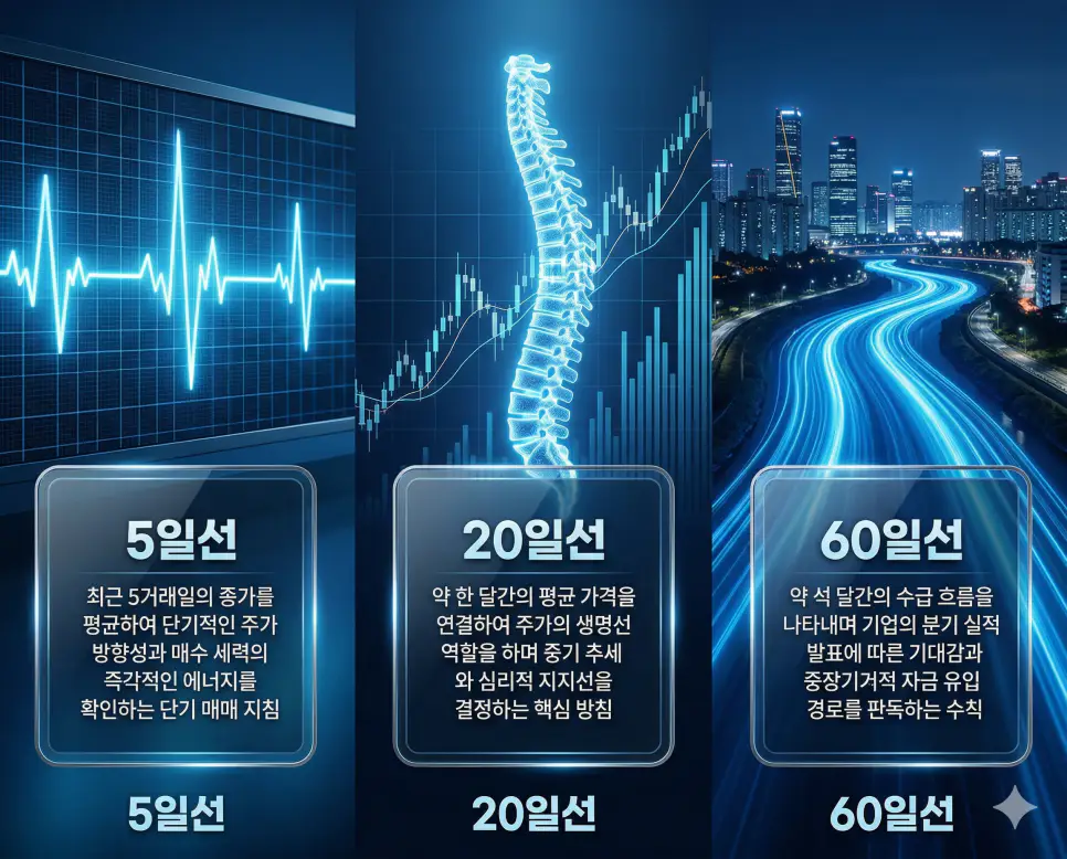 주식 5일선 뜻, 20일선 뜻, 60일선 뜻: 단기 수급 맥박과 시세 생명선 및 수급선 정리 4 주식 5일선, 20일선, 60일선 뜻의 정의와 핵심 아이콘을 세 개의 유리 패널에 정리한 고품격 인포그래픽 실사 이미지
