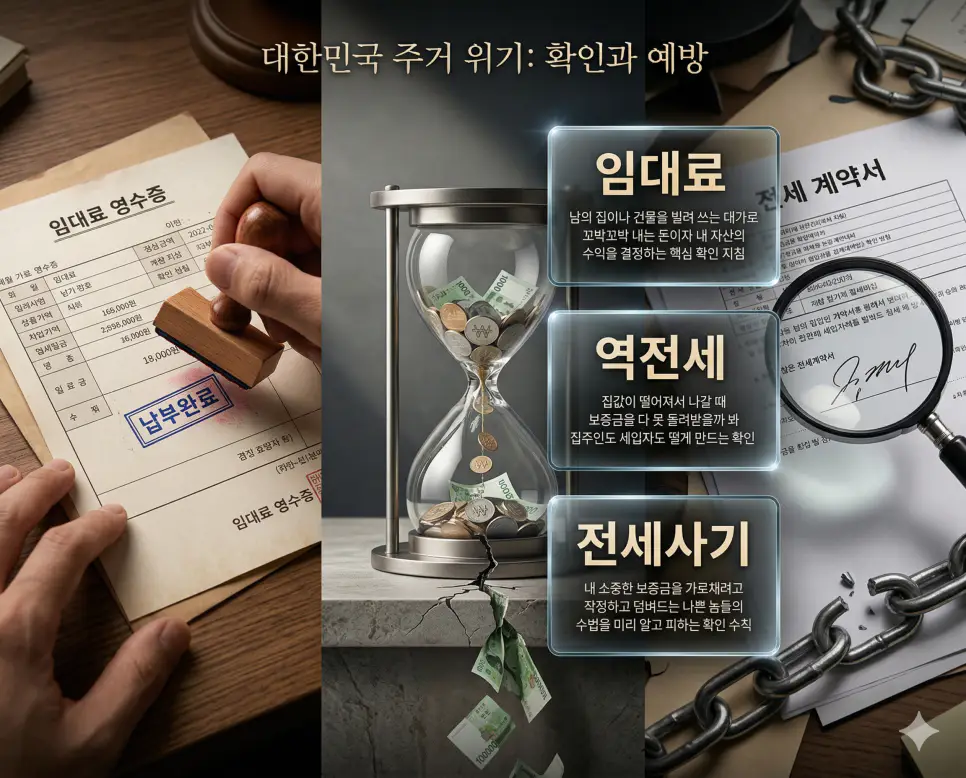 임대료 뜻, 역전세 뜻, 전세사기 뜻 정리: 사용 대가와 보증금 반환 위기 및 사기 예방 확인 4 임대료, 역전세, 전세사기 키워드 정의와 각각의 자산 수익 및 보증금 반환 사고 상황을 사실적인 배경 위에 유리 패널로 정리한 고품격 실사 인포그래픽