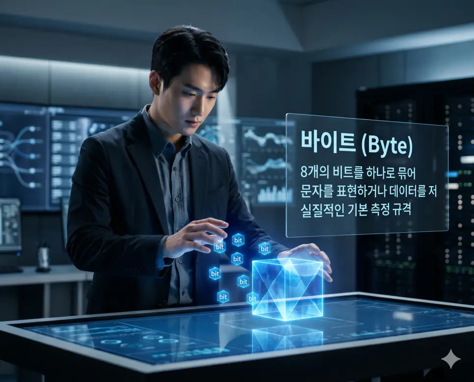 스레드 뜻, 비트 뜻, 바이트 뜻: 실행의 흐름과 데이터 최소 단위 및 정보 표현 규격 확인 3 바이트 뜻을 정의하기 위해 한국인 데이터 엔지니어가 8개의 비트 입자를 하나의 정보 저장 블록으로 결합하는 과정을 보여주는 프리미엄 실사 이미지