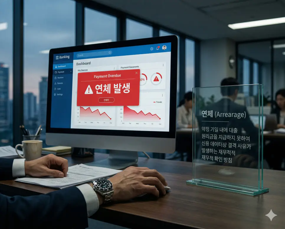 해산 뜻, 연체 뜻, 채권추심 뜻 정리: 조직 소멸과 상환 지체 및 권리 행사 확인 2 연체 뜻을 시각화하기 위해 대출 원리금 상환 기일을 넘겨 신용 데이터상 결격 사유가 발생했음을 알리는 디지털 뱅킹 경고 화면의 실사 이미지
